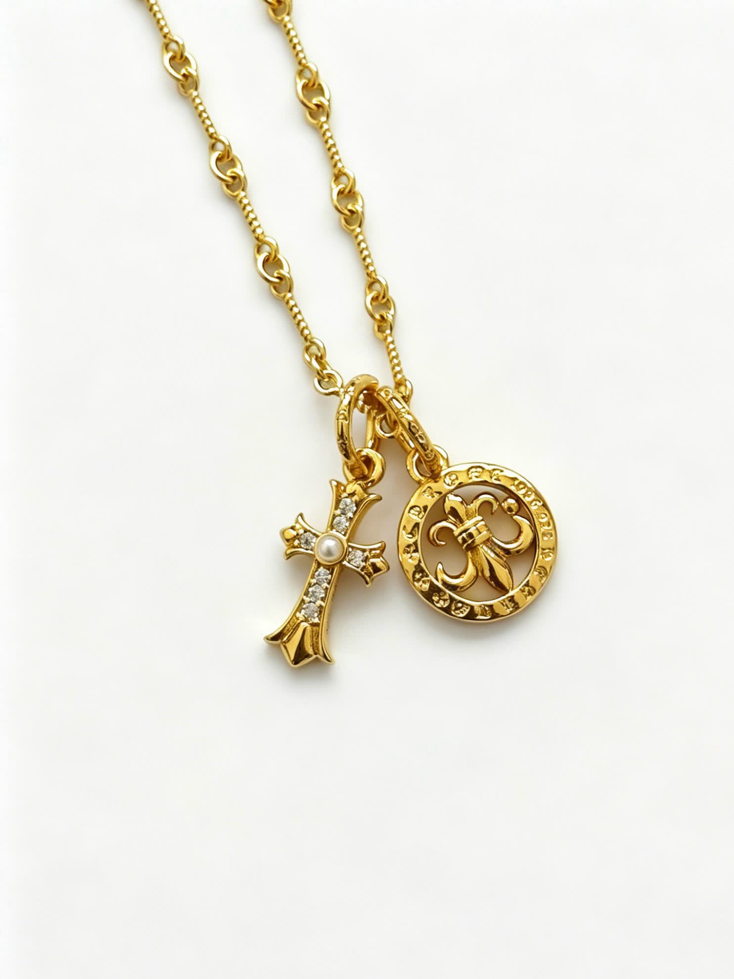 Chrome Hearts Gold Rosary Necklace with Cross and Round Medallion